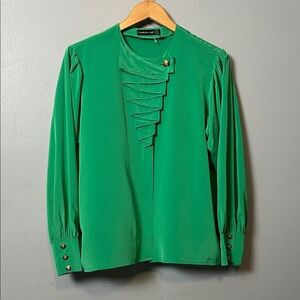 Vintage Louis Feraud Emerald Green Blouse with Gold Button Accents size 6 satin